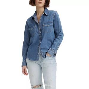 Levi's Pearl Snap Button Down Denim Western Shirt Womens XL Long Sleeve Blue NWT
